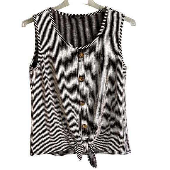 Ava James Black White Striped Sleeveless Top Front Tie Faux Buttons Medium NEW - Picture 1 of 10